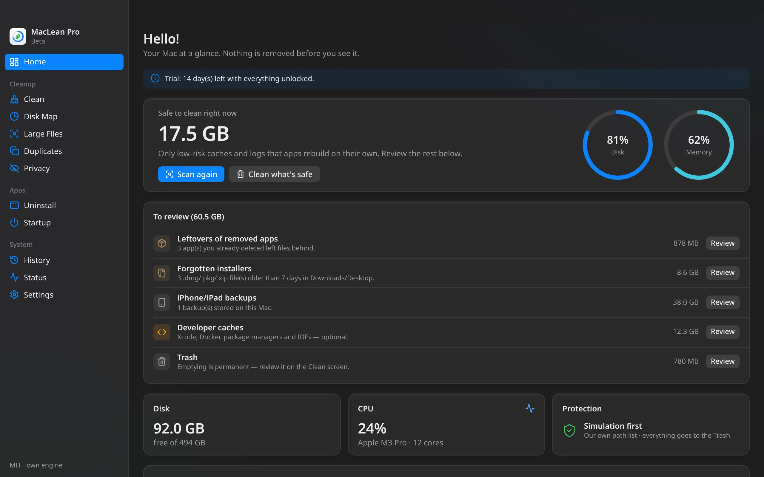 MacLean Pro home screen after a one-click scan: 17.5 GB safe to clean and items to review